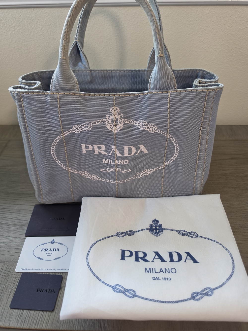Prada Canapa Light Blue Canvas Mini Tote with Gold Accents